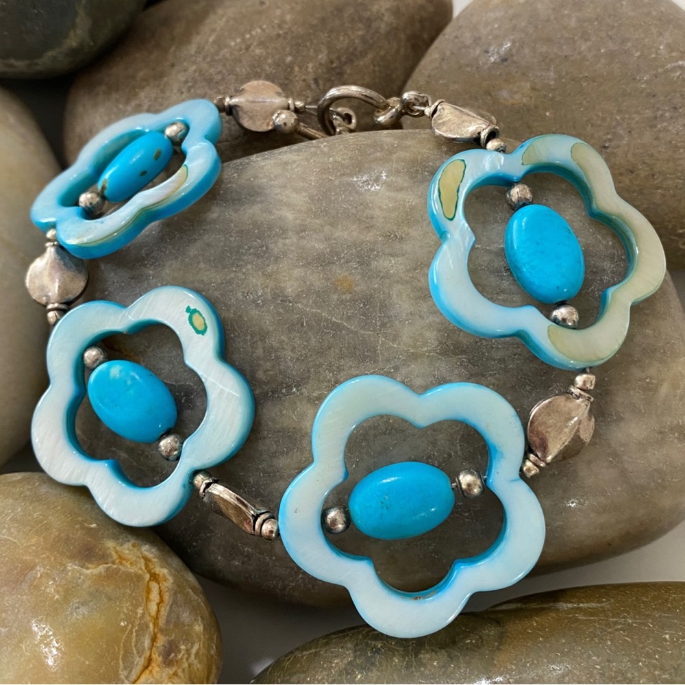 Handmade Floral Blue Abalone & Turquoise Sterling Silver Boho Artisan Bracelet